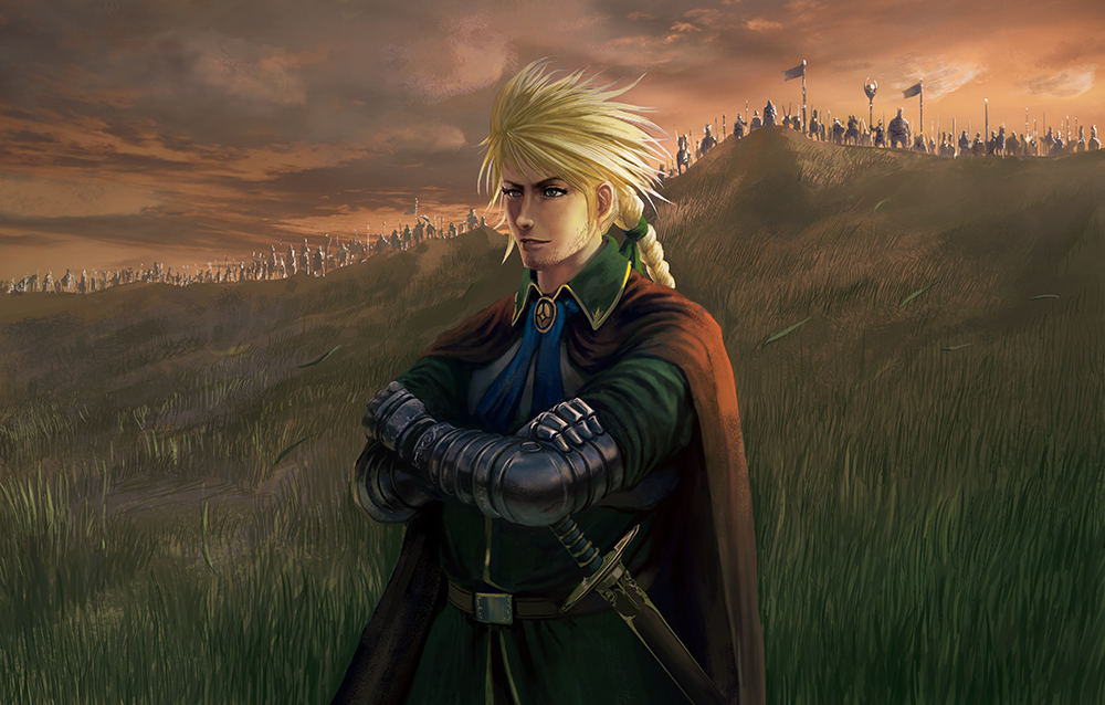 armor army beard belt blonde_hair blue_eyes braid brooch cape facial_hair field grass jewelry long_hair male_focus noba pixiv_fantasia pixiv_fantasia_5 ribbon roderick_(pixiv_fantasia) single_braid sky soldier solo sword trigard_empire weapon