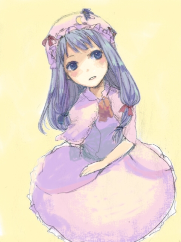 bad_id bad_pixiv_id blue_eyes blue_hair blush capelet crescent dress from_above hat long_hair looking_up lowres nove_(legge) patchouli_knowledge solo touhou