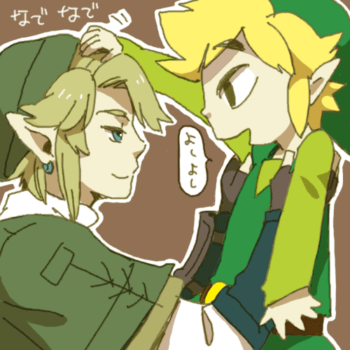 black_eyes blonde_hair blue_eyes carrying dual_persona earrings gloves hat jewelry link lowres male_focus multiple_boys petting pointy_ears rito_(kinokosoup) smile the_legend_of_zelda the_legend_of_zelda:_the_wind_waker the_legend_of_zelda:_twilight_princess toon_link translated