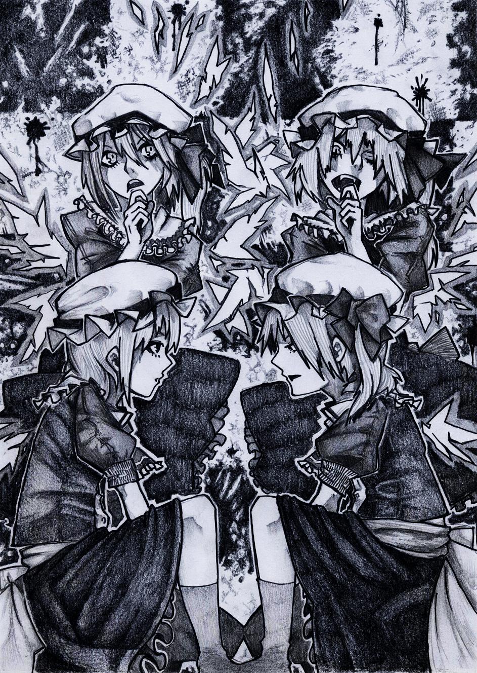 chotto flandre_scarlet greyscale hat highres monochrome side_ponytail solo touhou
