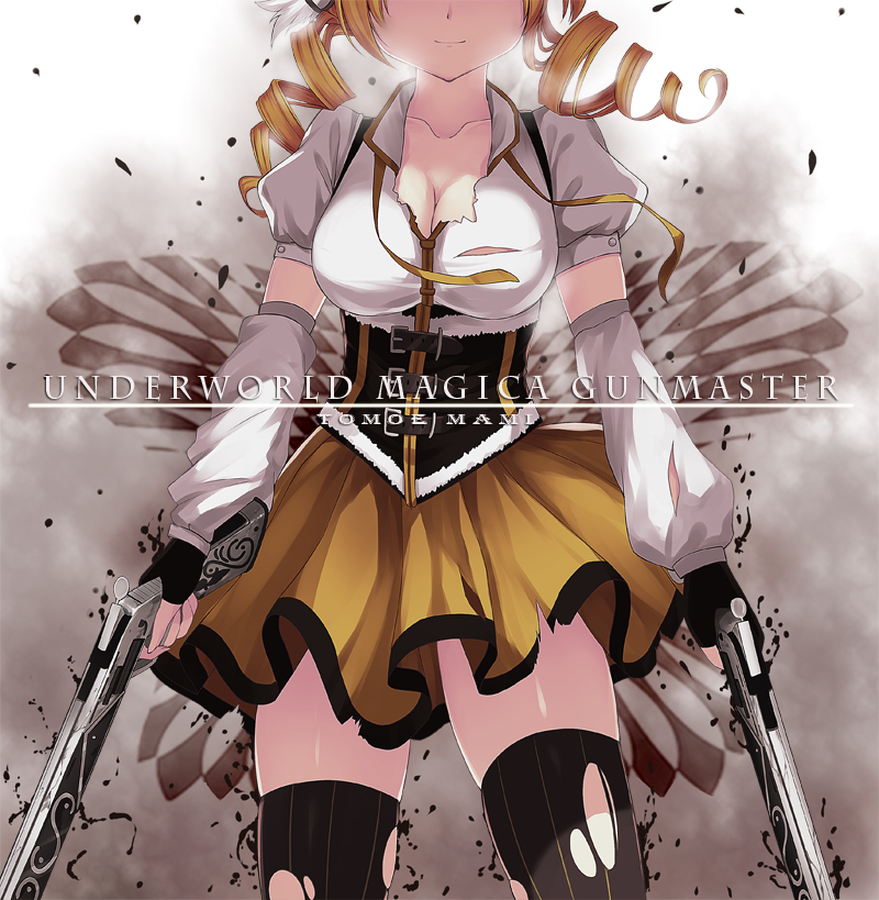 black_legwear blonde_hair breasts caidychen character_name cleavage detached_sleeves drill_hair dual_wielding english fingerless_gloves gloves gun head_out_of_frame holding large_breasts light_smile magical_girl magical_musket mahou_shoujo_madoka_magica mami_mogu_mogu ornate parody rifle short_hair skindentation smile solo thighhighs tomb_raider tomoe_mami torn_clothes torn_legwear twintails weapon zettai_ryouiki