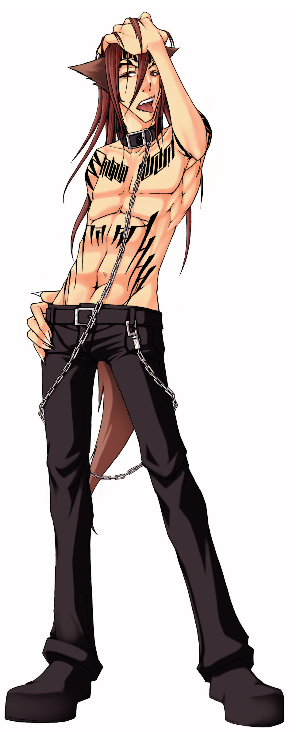 abarai_renji animal_ears bleach cat_ears cat_tail catboy chain chains collar full_body highres leash long_image male male_focus muscle red_hair simple_background solo tail tall_image tattoo white_background