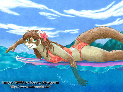 bikini blue_eyes brown_hair clothed clothing female ferret hair kacey looking_at_viewer mammal mustelid skimpy solo surfing swimsuit water