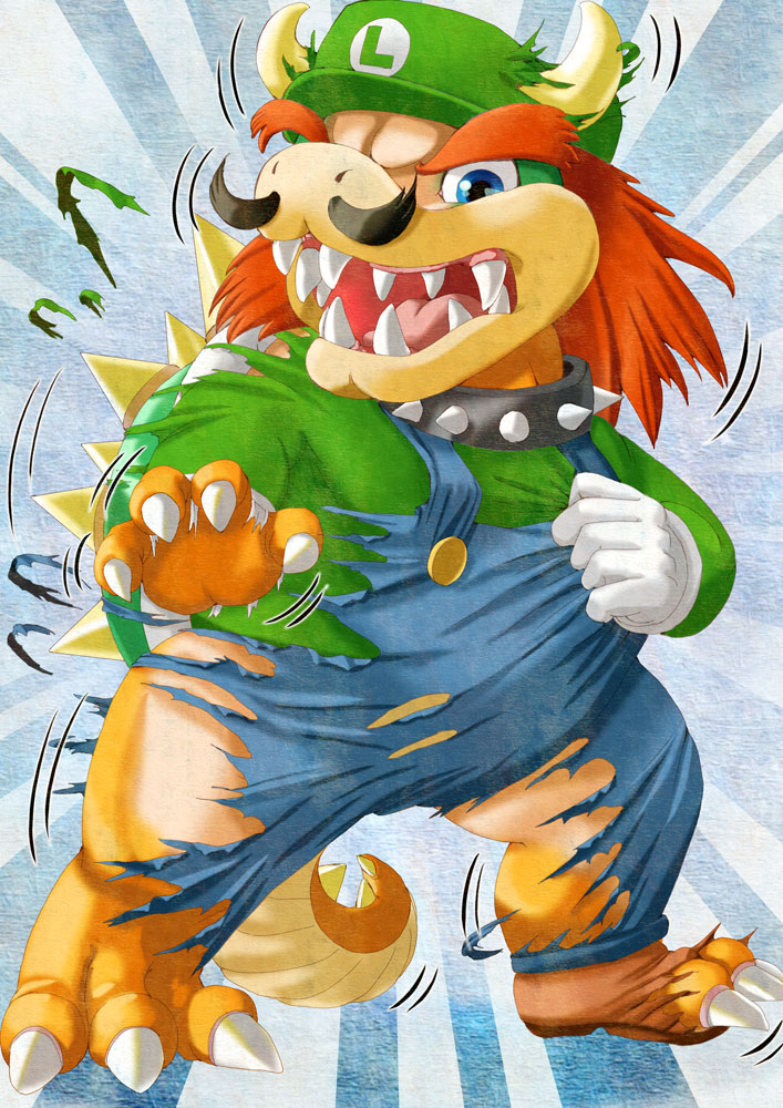 bowser clothing collar edmol facial_hair hat horn horns koopa luigi male mario_bros mustache nintendo overalls scalie shell shirt shoes solo spiked_collar suspenders tail teeth transformation video_games