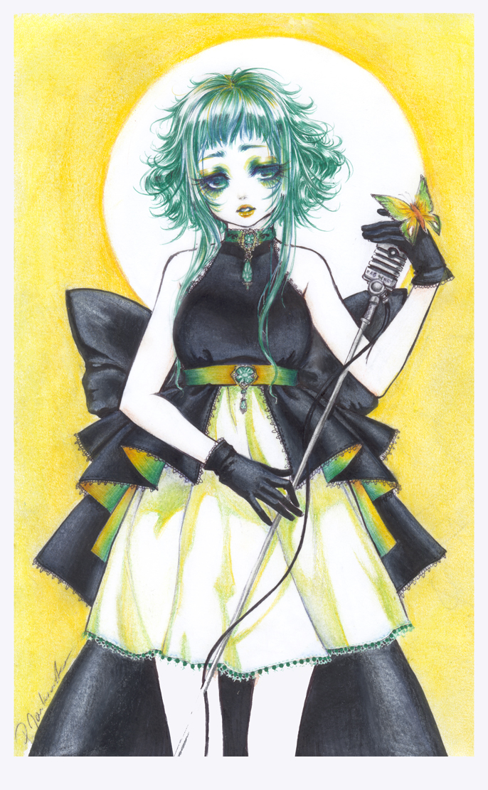 bug butterfly crayon_(medium) dress eyelashes eyeshadow gloves green_hair gumi hisekai insect jewelry lips lipstick magnet_(vocaloid) makeup marker_(medium) microphone microphone_stand pale_skin short_hair signature sleeveless solo traditional_media vocaloid