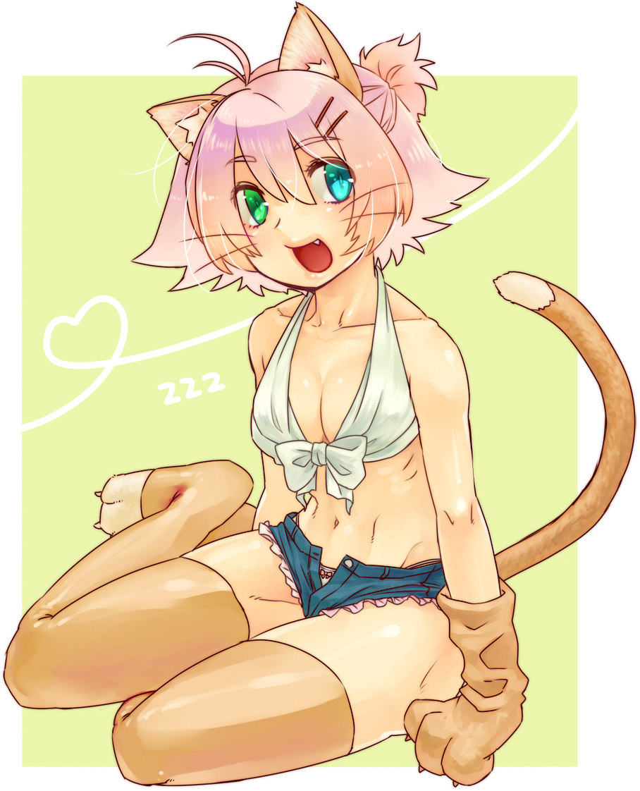 animal_ears antenna_hair aqua_eyes bow bow_panties breasts cleavage fang front-tie_top green_eyes hair_ornament hairclip heterochromia medium_breasts open_fly original panties short_shorts shorts siori solo tail thighhighs underwear unzipped