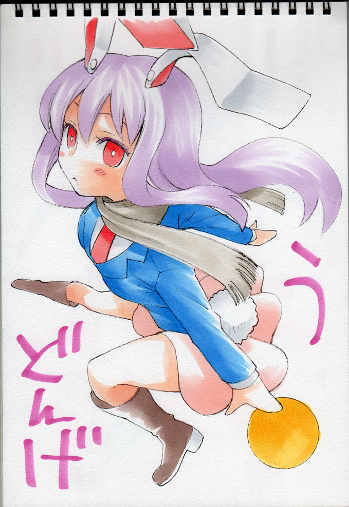 :&lt; animal_ears bad_id bad_pixiv_id blush_stickers bunny_ears bunny_tail character_name face necktie purple_hair red_eyes red_neckwear reisen_udongein_inaba scarf skirt solo tail touhou traditional_media uousa-ou