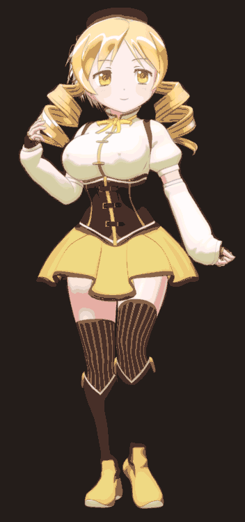 3d absurdres animated animated_gif blonde_hair detached_sleeves drill_hair gif gloves highres mahou_shoujo_madoka_magica myuranran patychanbr seismic short_hair solo thighhighs tomoe_mami twintails