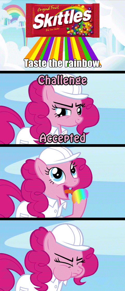blue_eyes challenge_accepted coat comic curly_hair cute english_text equine eyelashes female feral fire fire_breathing flames friendship_is_magic funny fur gif hair hard_hat hat helmet horse humor licking looking_at_viewer mammal my_little_pony open_mouth pink_fur pink_hair pinkie_pie_(mlp) pony rainbow reaction_image screencap skittles teeth text tongue unknown_artist