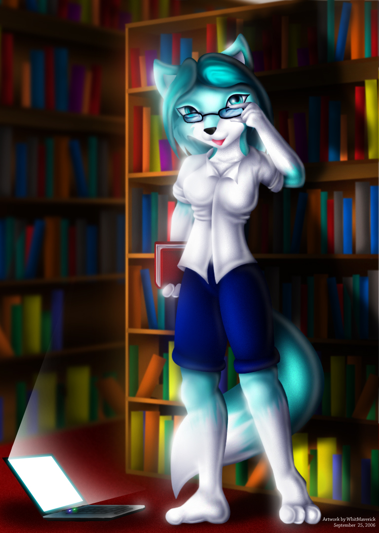 aquamarine canine computer female fox glasses jewel_vixens laptop library solo whitmaverick