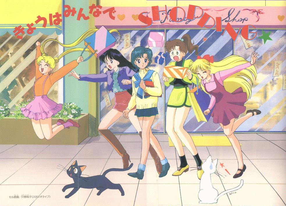 &gt;_&lt; 5girls ^_^ aino_minako artemis_(sailor_moon) bishoujo_senshi_sailor_moon boots eyes_closed friends gift happy hino_rei jump jumping kazu. kino_makoto knee_boots luna_(sailor_moon) mall mizuno_ami multiple_girls official_art open_mouth present shopping sidewalk tsukino_usagi window