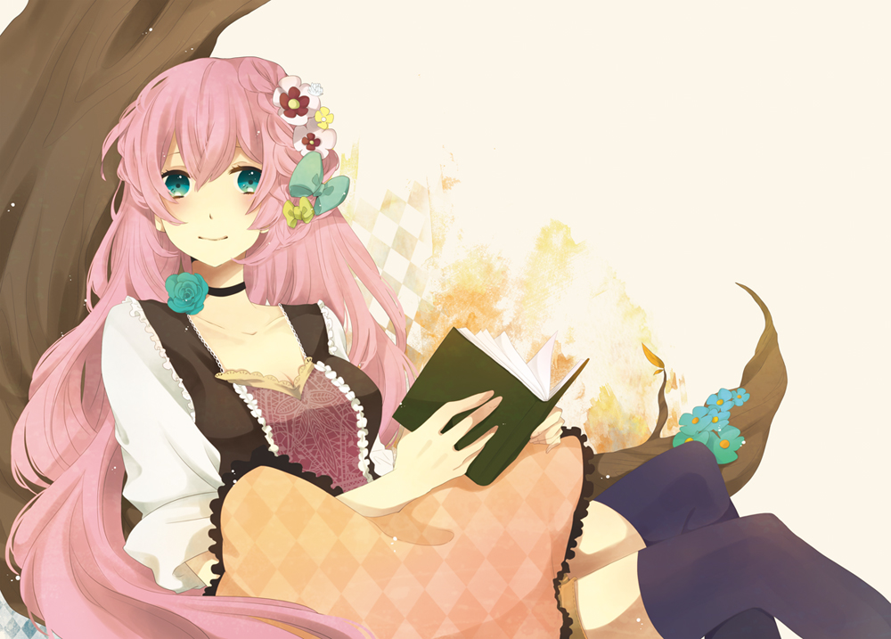 against_tree bad_id bad_pixiv_id blue_eyes book bow braid branch choker flower hair_bow hair_flower hair_ornament holding holding_book ichinose_(sorario) light_smile long_hair megurine_luka pillow pink_hair reading sitting sleeves_rolled_up solo thighhighs tree vocaloid