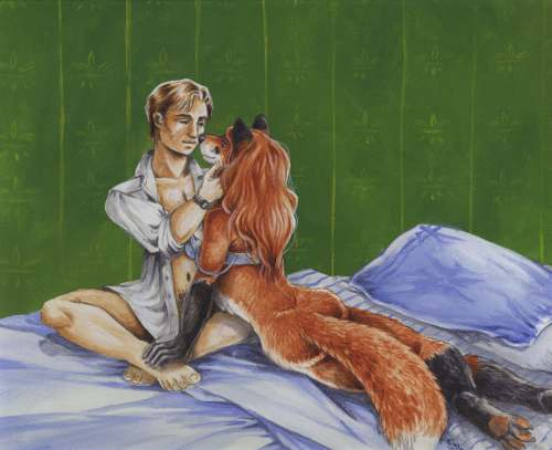 bed canine couple female fox heather_bruton human interspecies kissing male nude romantic straight