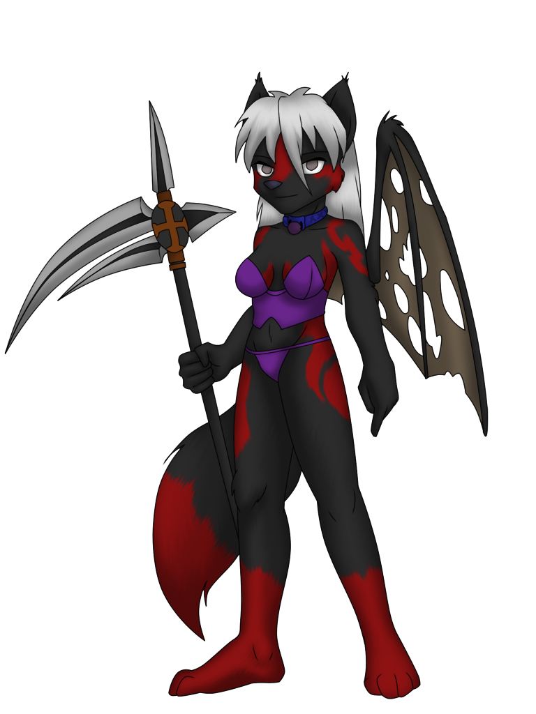 black collar corset destinas fur hair markings red red_markings scythe solo unknown_artist white_hair wings