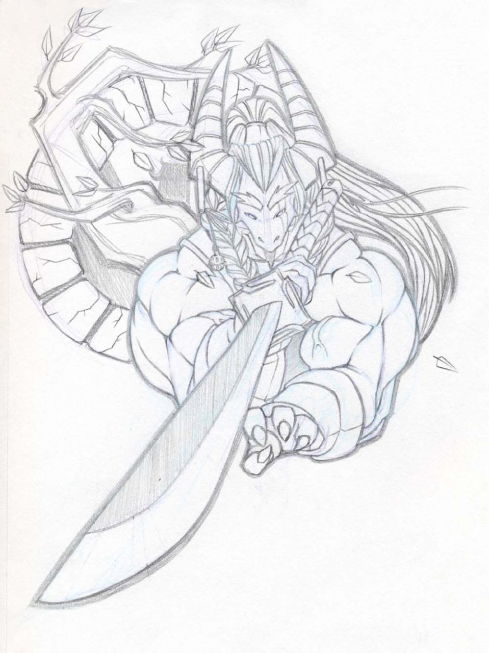 claws dragon horns looking_at_viewer male muscles reptile scalie sketch solo sword tkc2021 weapon