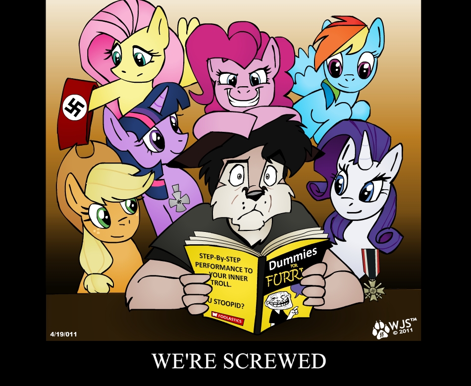 armband black_hair blonde_hair blue_eyes blue_fur book breaking_the_fourth_wall canine cowboy_hat equine female feral fluttershy_(mlp) for_dummies freckles friendship_is_magic fur green_eyes grin group hair hat horn horns horse male mammal medal multi-colored_hair my_little_pony nazi oh_shit ohshit pegasus pink_eyes pink_fur pink_hair pinkie_pie_(mlp) pony purple_eyes purple_hair rainbow_dash_(mlp) rainbow_hair rarity_(mlp) scared smile trollface trolling twilight_sparkle_(mlp) two_tone_hair unicorn wings wolf wolfjedisamuel