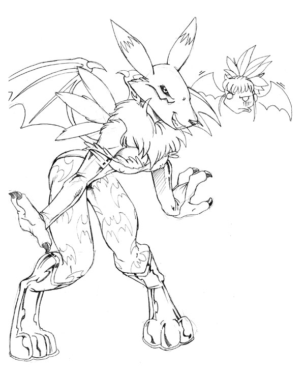 bat boots canine cosplay couple darkstalkers digimon female form_fitting fox gloves kandlin lilith_aensland renamon sketch tights wings