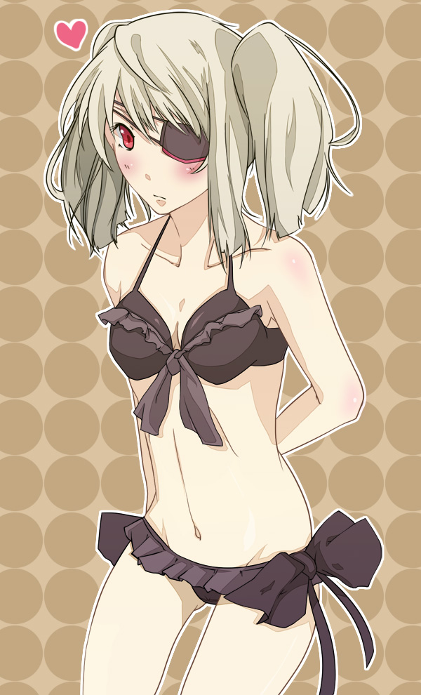 akiko_(ys_szmr) bikini blush eyepatch frilled_bikini frills front-tie_top infinite_stratos laura_bodewig long_hair navel red_eyes side-tie_bikini silver_hair solo swimsuit twintails