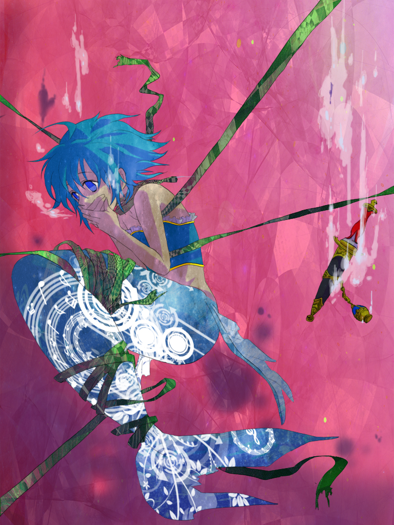 adapted_costume bare_shoulders blue_eyes blue_hair bound covering_mouth dagger from_side mahou_shoujo_madoka_magica mermaid miki_sayaka monster_girl monsterification musical_note oktavia_von_seckendorff pegasasuko pink_background ribbon short_hair solo soul_gem spoilers strapless tied_up tubetop weapon