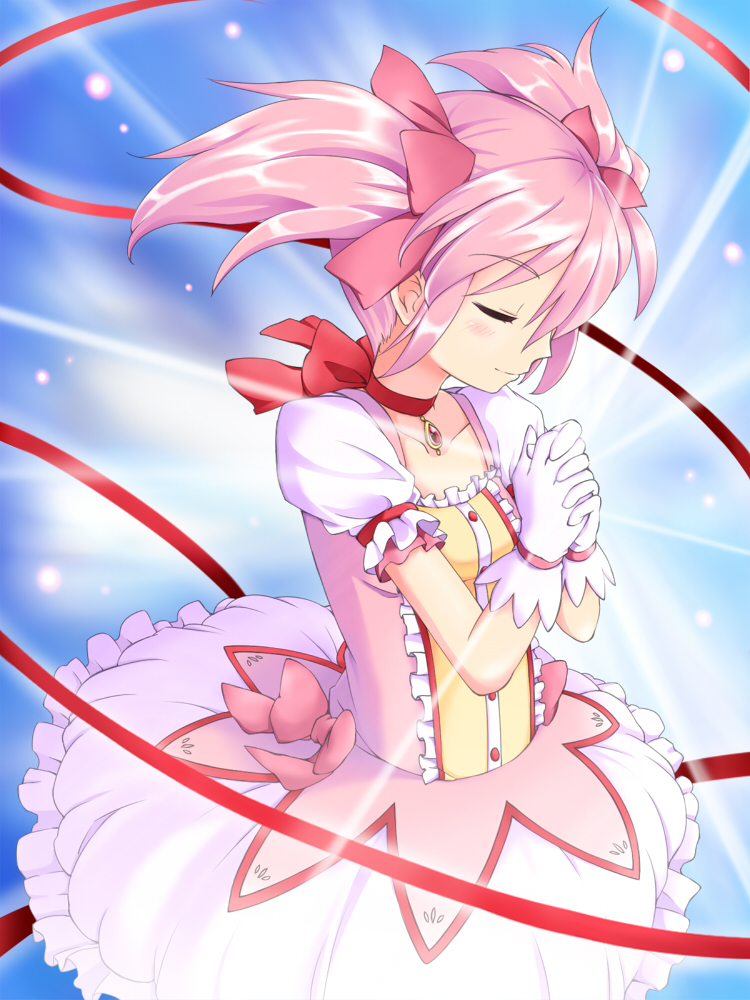 cerasus choker closed_eyes gloves hands_clasped kaname_madoka magical_girl mahou_shoujo_madoka_magica own_hands_together pink_hair praying puffy_sleeves red_choker short_hair smile solo twintails white_gloves