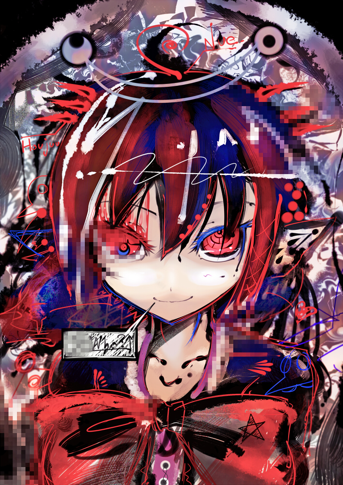 ahoge bad_id bad_pixiv_id bodypaint bow censored colorful face houjuu_nue koohee red_eyes short_hair smile solo touhou upper_body