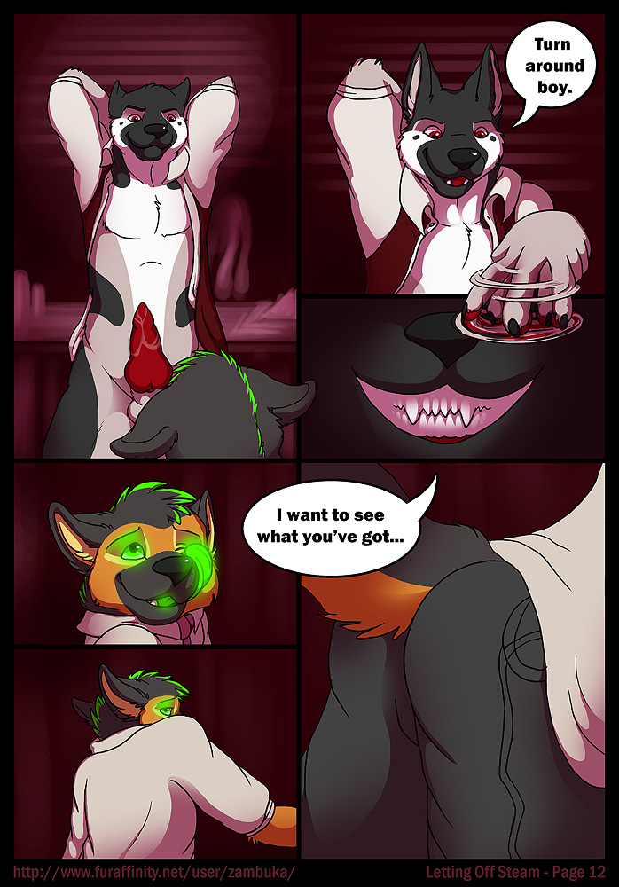 boss butt canine comic dog english_text erection gay glowing green_eyes male mammal office oral oral_sex penis red_eyes sex teeth text unprofessional_behavior zambuka zombie_(character)