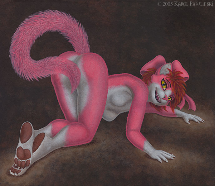 bow cat feline female karol_pawlinski nude pink solo tame