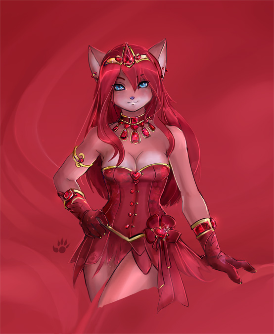 &hearts; blue_eyes breasts cleavage ear_piercing feline female gloves hair kitty_of_flame looking_at_viewer necklace piercing red red_hair ruby skirt solo standing thumbclawz