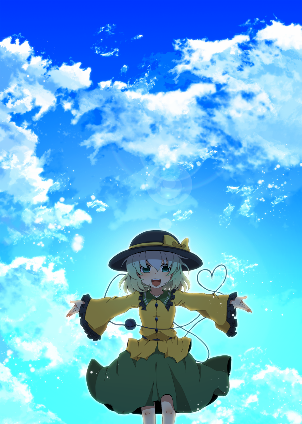 aoi_(annbi) blue_sky cloud day hat heart heart_of_string highres komeiji_koishi lens_flare looking_at_viewer open_mouth outstretched_arms outstretched_hand short_hair sky smile solo spread_arms touhou