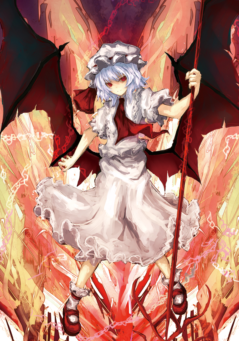 asagi_(kabocha_oukoku) ascot bad_id bad_pixiv_id bat_wings blue_hair chain dress hat hat_ribbon light_smile mary_janes polearm red_eyes remilia_scarlet ribbon shoes short_hair solo spear spear_the_gungnir touhou weapon wings