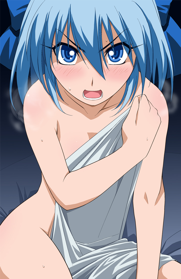 angry bed_sheet blue_eyes blue_hair blush body_blush bow cirno commentary_request covering covering_breasts covering_crotch hair_bow hayashi_custom naked_sheet nude nude_cover open_mouth sheet_grab solo touhou