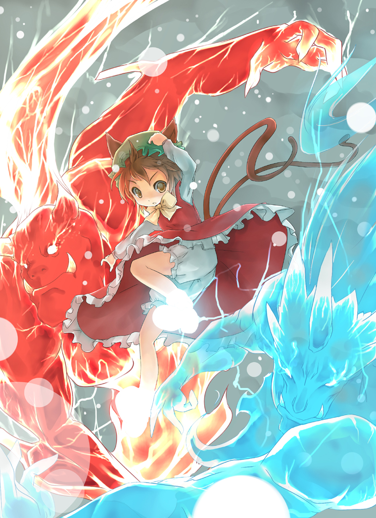 animal_ears bloomers blue_oni bow brown_eyes brown_hair cat_ears cat_tail chen dress floating fred04142 glowing hand_on_headwear hat multiple_tails nekomata oni red_dress red_oni short_hair solo tail touhou underwear upskirt