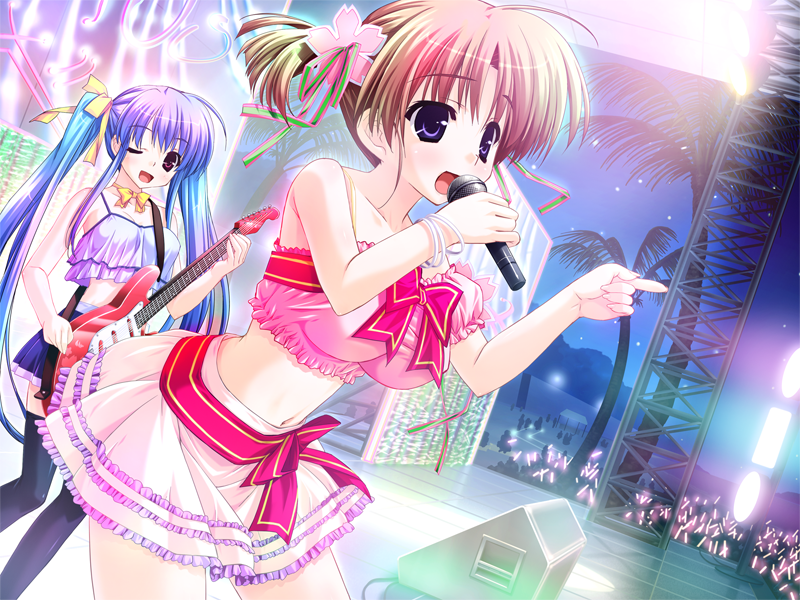 ;d amatsu_misora_ni! breasts camisole character_request choker electric_guitar game_cg guitar hair_ribbon idol instrument kanzaki_miyu large_breasts microphone midriff multiple_girls navel one_eye_closed open_mouth pointing ribbon ribbon_choker shintarou shirt short_twintails skirt smile taut_clothes taut_shirt thighhighs twintails