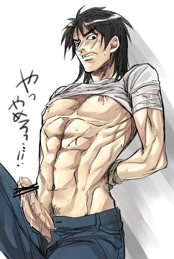 1boy abs bdsm bondage bound chest itou_kaiji kaiji male male_focus muscle pecs penis solo white_background yaoi