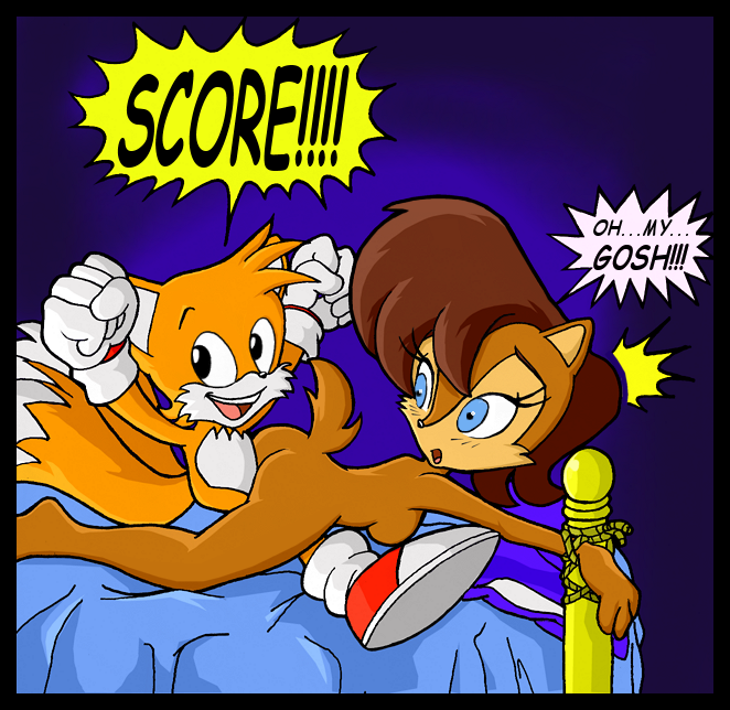 bdsm bed bondage butt canine chadthecartoonnut female fox kitsune male miles_prower multiple_tails sally_acorn sonic_(series) tail what