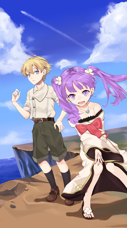 1girl bad_id bad_pixiv_id black_legwear blonde_hair blue_eyes clain cloud day dress flower fractale hair_flower hair_ornament hand_on_hip harunoibuki jewelry kneehighs necklace nessa open_mouth outstretched_arm outstretched_hand purple_eyes purple_hair sandals shorts sky smile twintails