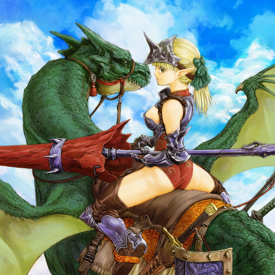 armor ass blonde_hair boots cervus dragon dragon_riding elf fantasy flying green_eyes horn lance long_hair original pointy_ears polearm ponytail scabbard sheath solo sword thigh_boots thighhighs weapon