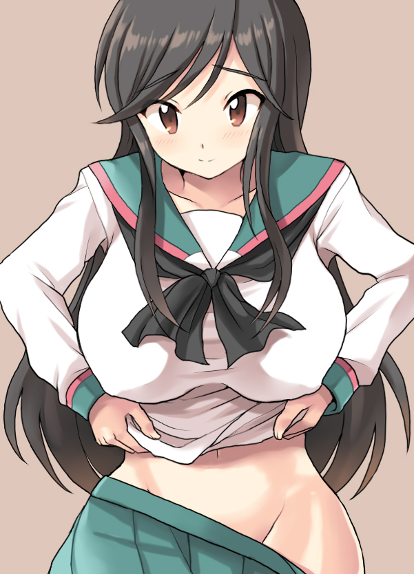 a_channel black_hair blush breasts brown_eyes collarbone covered_nipples groin inaho large_breasts long_hair navel nishi_yuuko school_uniform shirt shirt_lift simple_background skirt smile solo taut_clothes taut_shirt undressing very_long_hair
