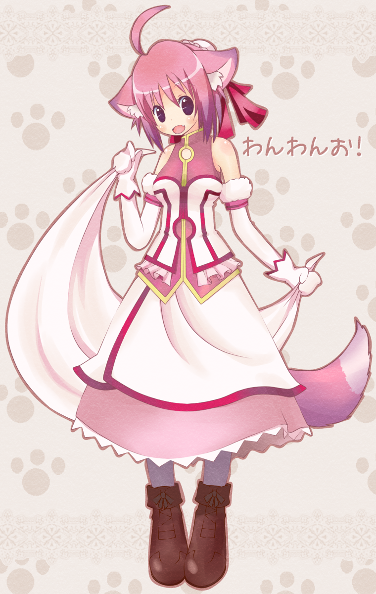 ahoge animal_ears boots dog_days dog_ears dog_girl dog_tail dress gloves highres millhiore_f_biscotti pantyhose pink_hair purple_eyes short_hair solo tail uniko_(pixiv4423) white_gloves