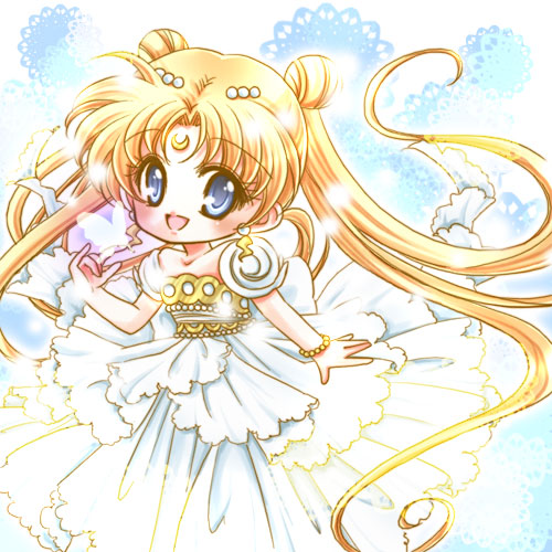 back_bow bare_shoulders bead_bracelet beads bishoujo_senshi_sailor_moon blonde_hair bow bracelet bug butterfly crescent double_bun dress facial_mark forehead_mark hair_ornament hairpin insect jewelry long_hair lowres princess_serenity puffy_sleeves shirataki_kaiseki solo strapless strapless_dress tsukino_usagi twintails white_dress