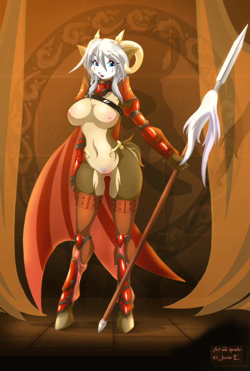 armor cape female hooves horns jessica_elwood nude pubic_hair solo stockings warrior