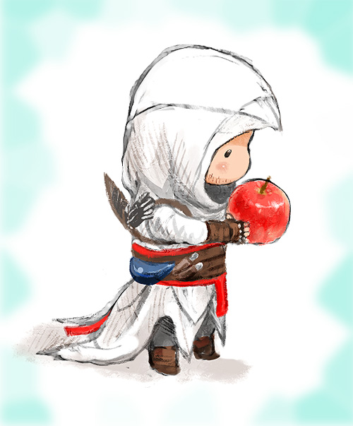 altair_ibn_la-ahad apple assassin's_creed assassin's_creed_(series) chibi food fruit gloves holding holding_food holding_fruit hood male_focus non-web_source solo vambraces