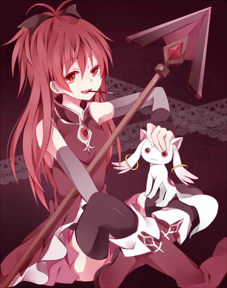 bare_shoulders black_legwear boots detached_sleeves food kouko kyubey mahou_shoujo_madoka_magica mouth_hold on_floor open_mouth petting pink_hair pocky polearm ponytail red_eyes red_hair sakura_kyouko sitting spear thighhighs weapon
