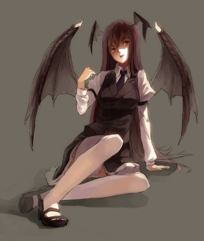 arm_support bad_id bad_pixiv_id breasts demon_wings full_body head_wings high_heels koakuma large_breasts long_hair long_legs mary_janes necktie open_mouth panties red_eyes shirt shoes simple_background sitting solo thighhighs touhou underwear vest white_legwear white_panties white_shirt wings yasumo_(kuusouorbital)