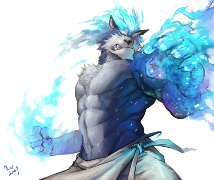 2009 abs blue_eyes canine chest_tuft claws loincloth looking_at_viewer magic male muscles mystical nick300 solo topless underwear white_background wolf