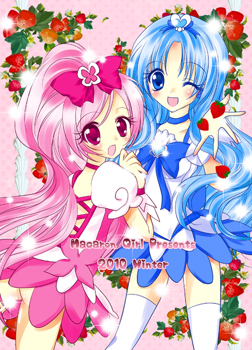 2girls :d :o bad_id bad_pixiv_id blue_choker blue_eyes blue_hair blue_skirt bow brooch choker cure_blossom cure_marine dress eyelashes flower food fruit hair_flower hair_ornament hair_ribbon hairpin hanasaki_tsubomi happy heart heartcatch_precure! jewelry koron_(macarongirl27) kurumi_erika long_hair magical_girl multiple_girls one_eye_closed open_mouth outstretched_hand pink_bow pink_choker pink_eyes pink_hair ponytail precure ribbon skirt smile sparkle strawberry strawberry_blossoms surprised thighhighs white_legwear wrist_cuffs zettai_ryouiki