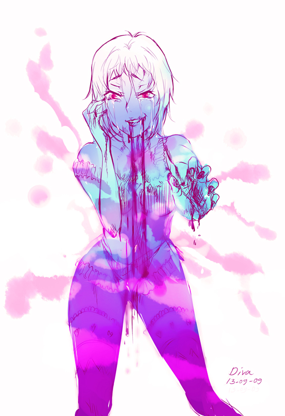 428 artist_name bangs bleeding blood bra canaan crying dated liang_qi lingerie looking_at_viewer nail_polish outstretched_hand short_hair signature smile solo spoilers spot_color tears thighhighs tida_kietsungden underwear