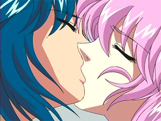 2girls blue_hair cap eyes_closed female kiss kissing pink_hair source_request tagme yuri