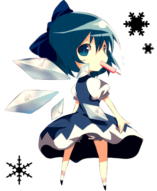annoyed bad_id bad_pixiv_id blue_hair bow c_niko cirno dress food popsicle short_hair snowflakes solo touhou