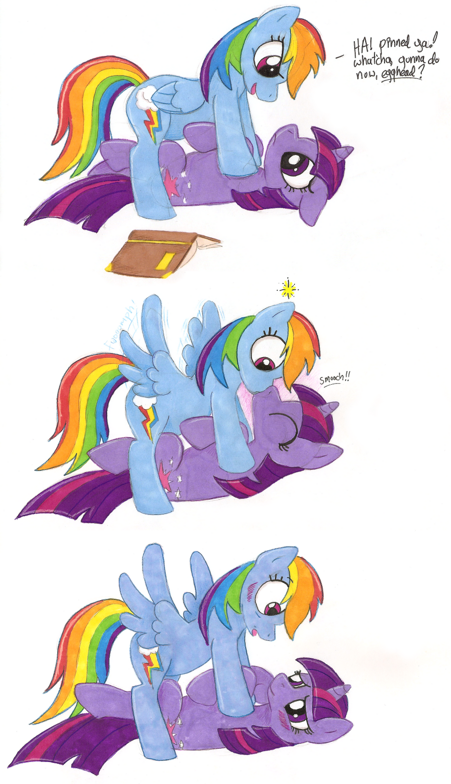 book comic cute equine female friendship_is_magic horns horse kissing my_little_pony pink_eyes pinned pony purple_eyes rainbow_dash_(mlp) rainbow_hair shipping startled text twilight_sparkle_(mlp) two_tone_hair wing_boner